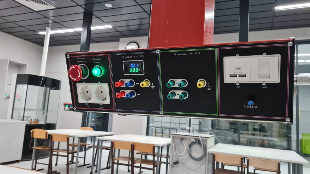 Панель потолочного модуля ПМ-А3: розетки 220 В, источники DC и AC, USB, LAN, освещение и аварийное отключение
